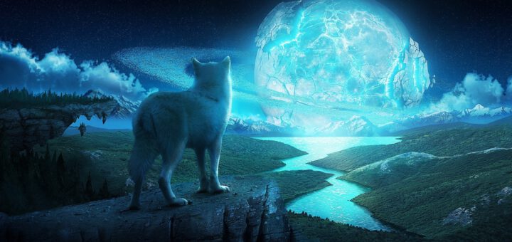 Wolf looking at ice planet