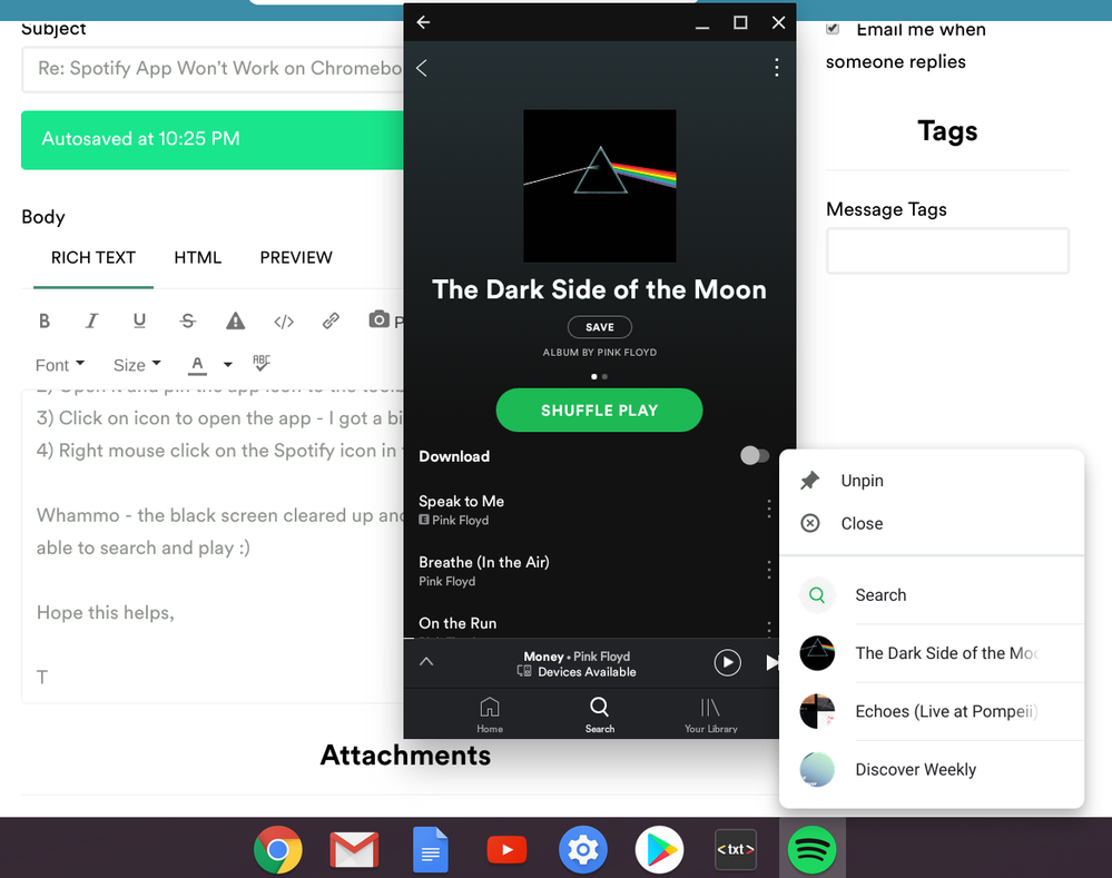 Spotify screenshot on chromebook