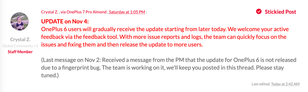 Oneplus 6 android 10 ota update information