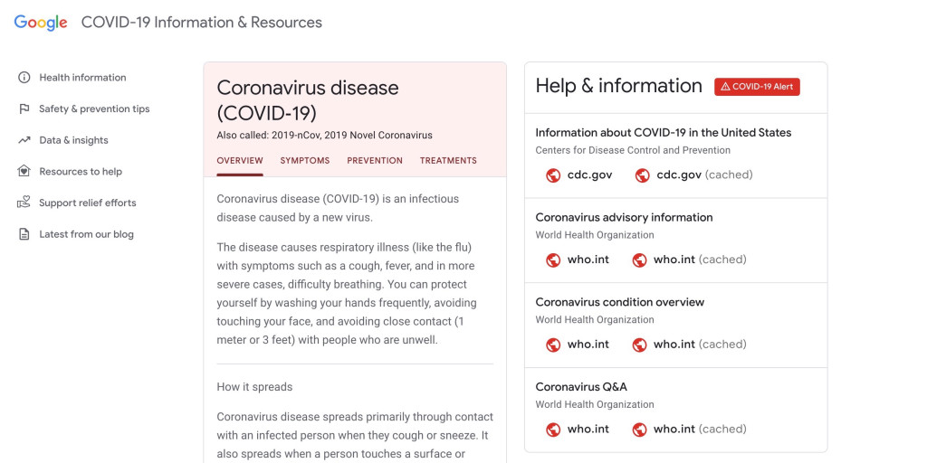 Google covid 19 information