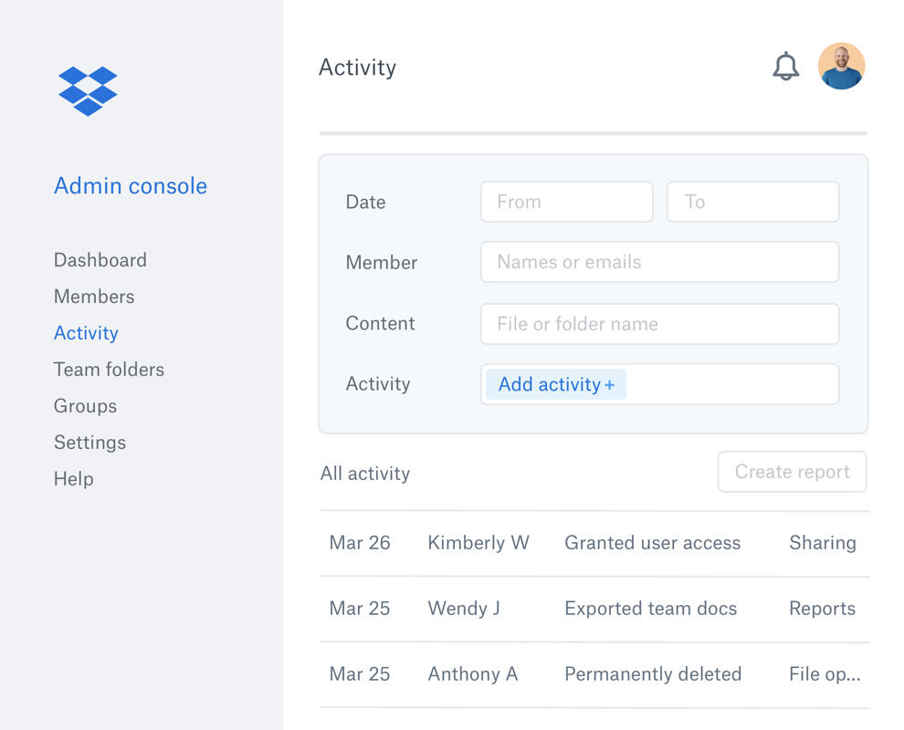 Manage your team on dropbox
