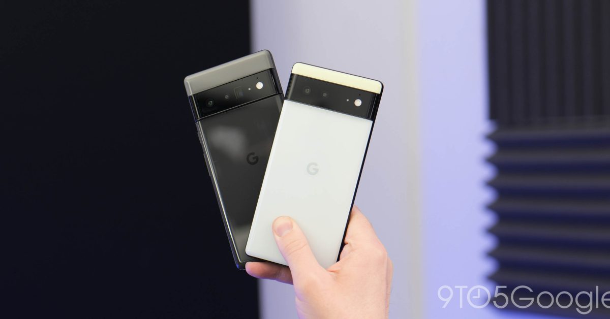 Google pixel 6 in sorta seafoam and pixel 6 pro in stormy black