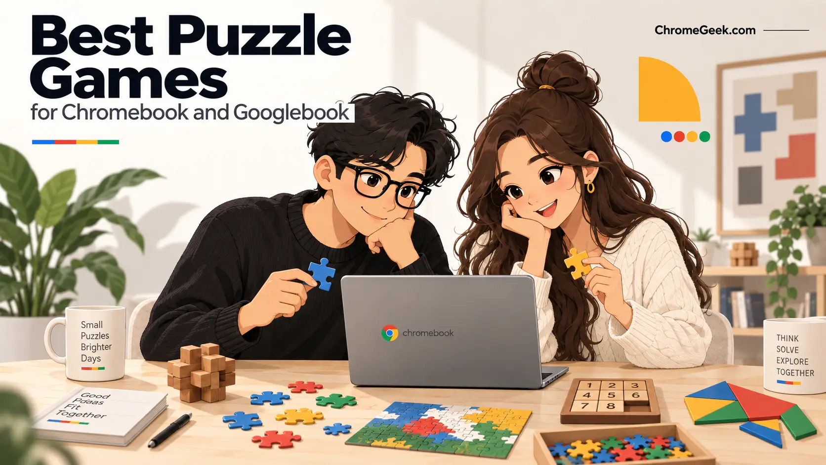 Editorial illustration of puzzle games on Chromebook and Googlebook with players and puzzle game panels