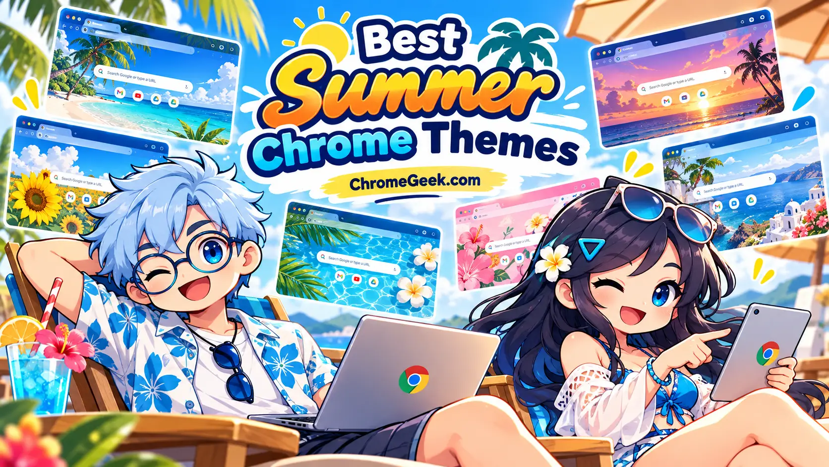 Best Summer Chrome Themes editorial illustration featuring chibi mascots on a sunny beach with Chromebooks and summer browser themes