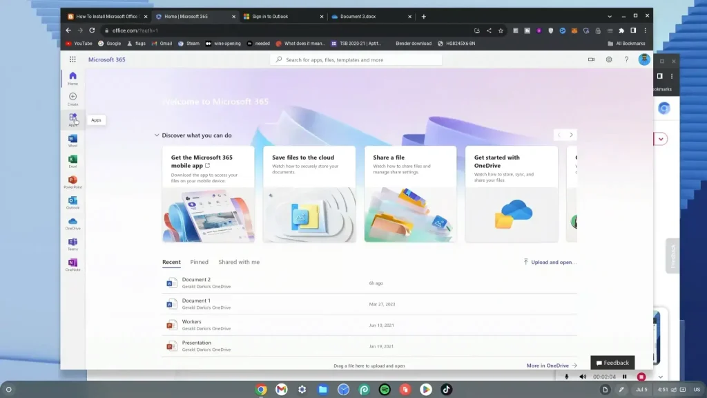 Microsoft 365 dashboard on Chromebook