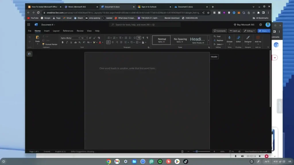 Microsoft Word Online on Chromebook