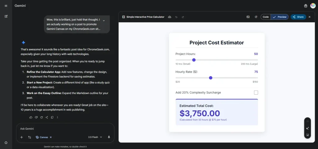Custom app with gemini canvas
