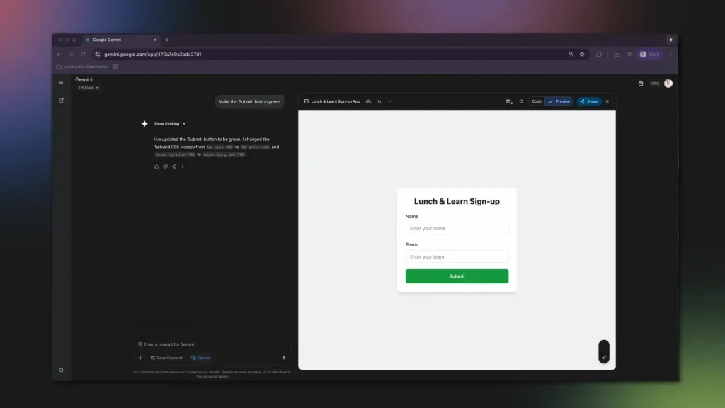 Gemini canvas green submit button