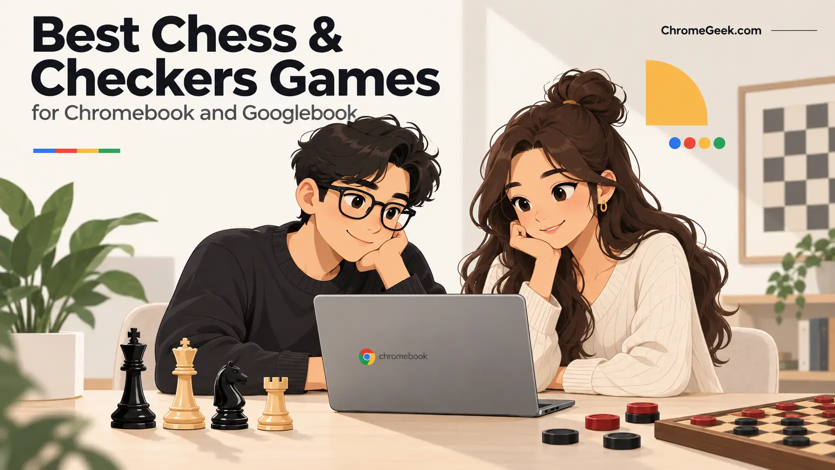 Editorial illustration of chess and checkers games on Chromebook and Googlebook with players and game boards