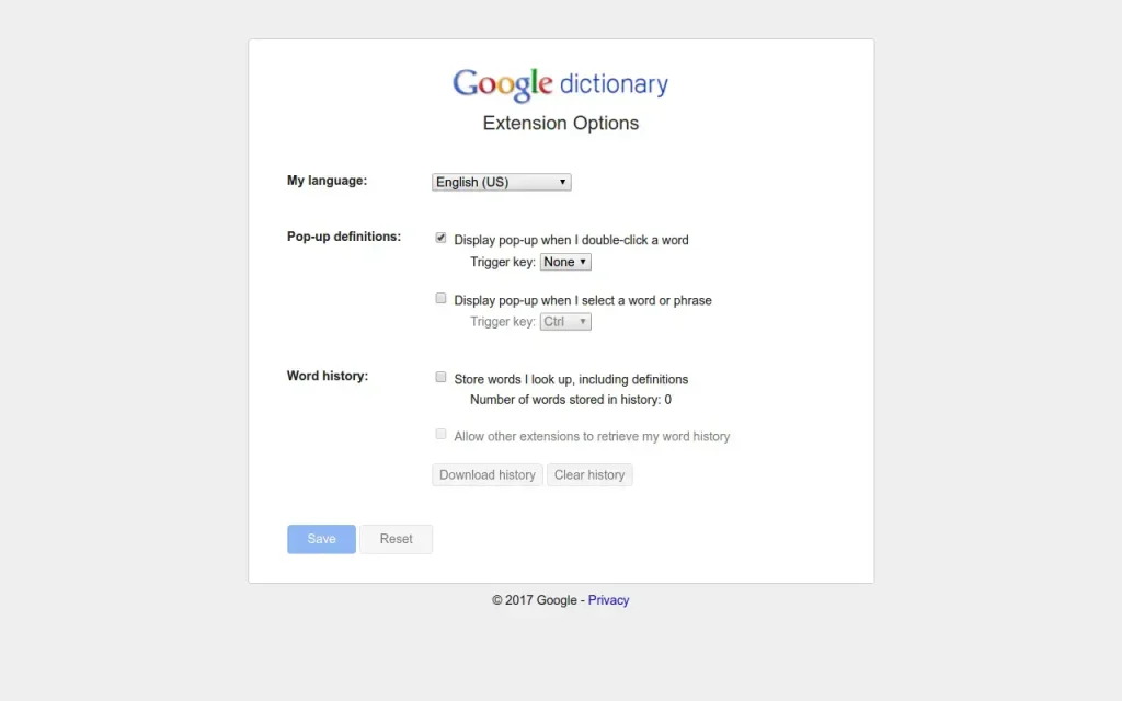 Custom settings of google dictionary