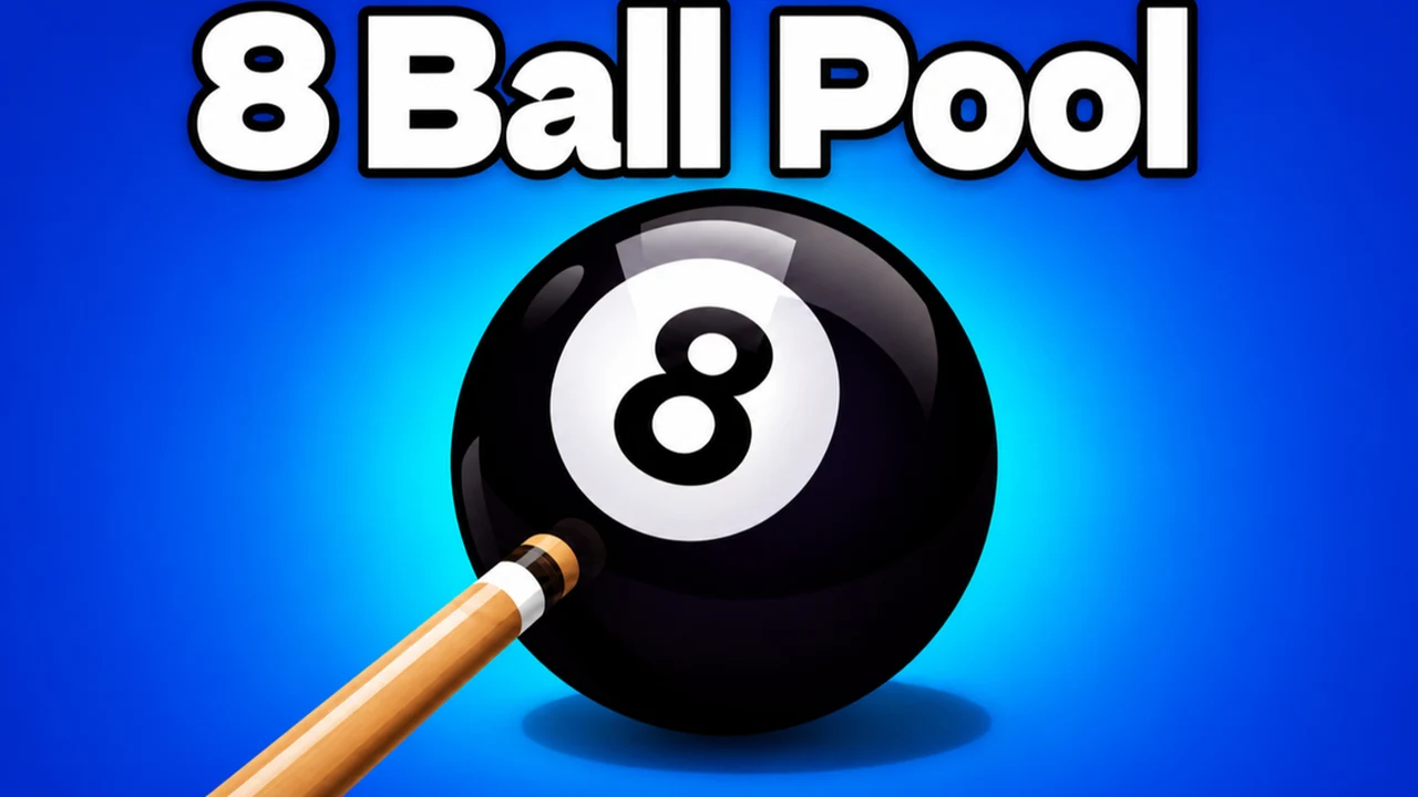 8 Ball Pool Billiards Multiplayer overhead table view showing cue stick aiming at pool balls