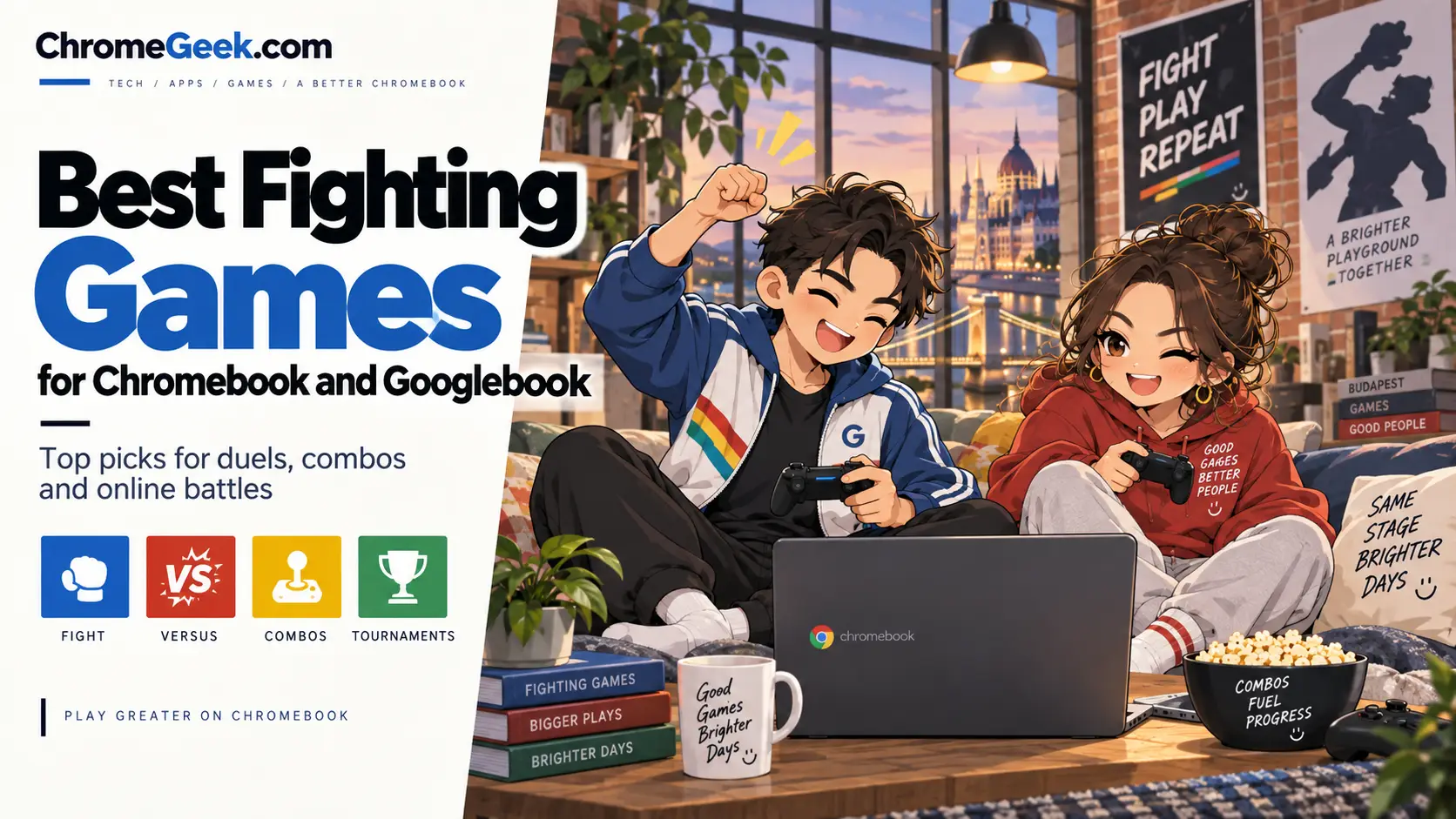 Editorial illustration of fighting games on Chromebook and Googlebook featuring anime combatants, arcade fightsticks, and martial arts ring duels