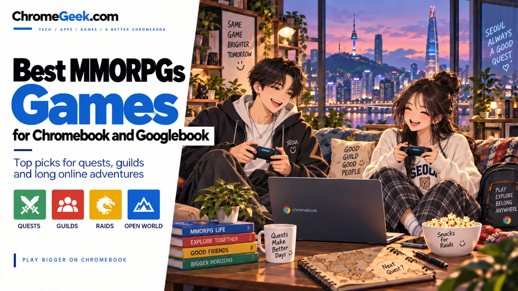 Editorial illustration of MMORPG games on Chromebook and Googlebook featuring anime mascots, fantasy dragons, armored paladins, and starships