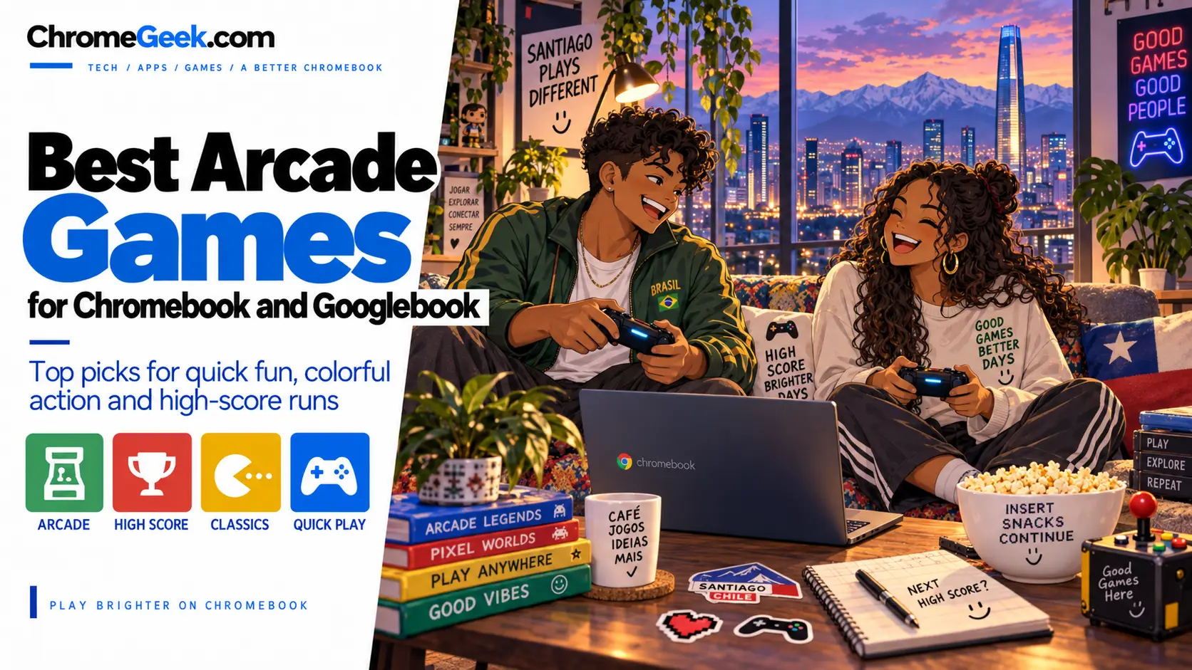 Editorial illustration of arcade games on Chromebook and Googlebook featuring anime mascots playing at an arcade setup with stylized game panels