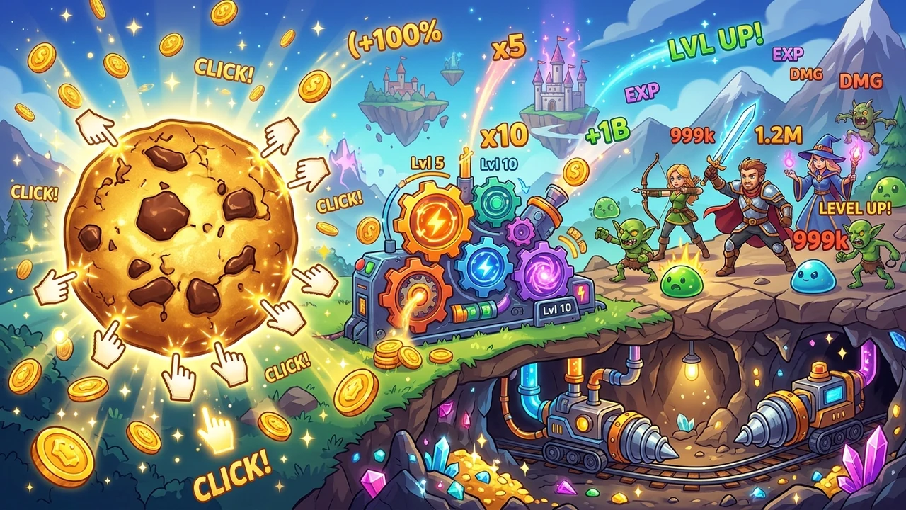 Best Free Clicker Games to Play in Chrome - Editorial graphic banner showing diverse browser clicker and idle game elements