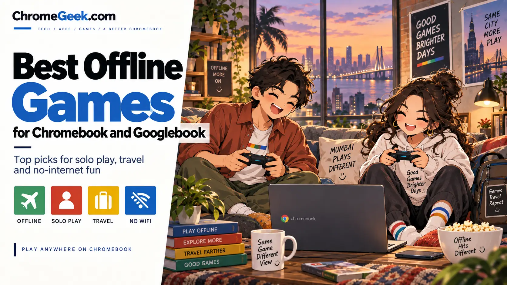 Editorial illustration of offline games for Chromebook and Googlebook featuring anime mascots playing Stardew Valley, Terraria, Dead Cells, and Altos Odyssey