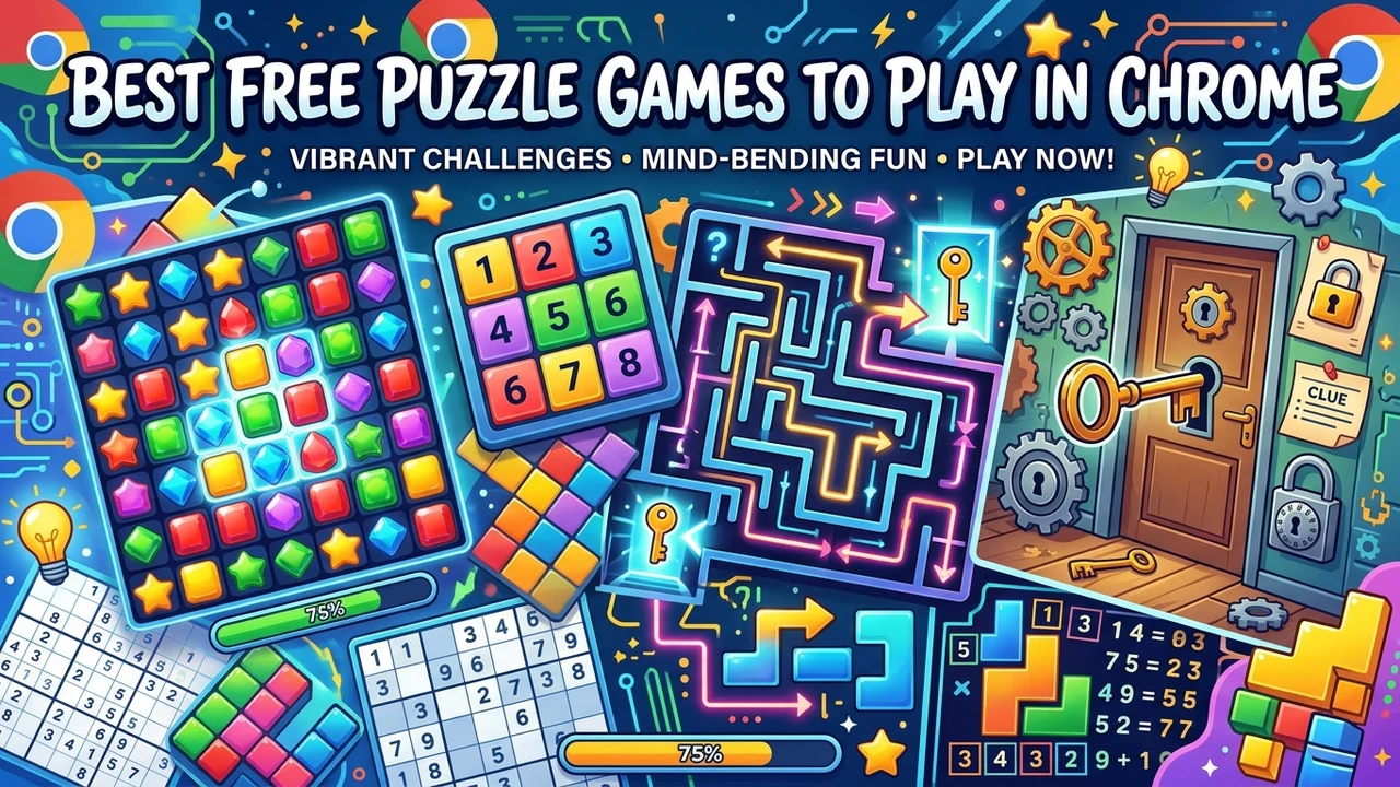 Best Free Puzzle Games to Play in Chrome - Header artwork collage showing colorful logic grids, sliding numbers, and escape puzzles