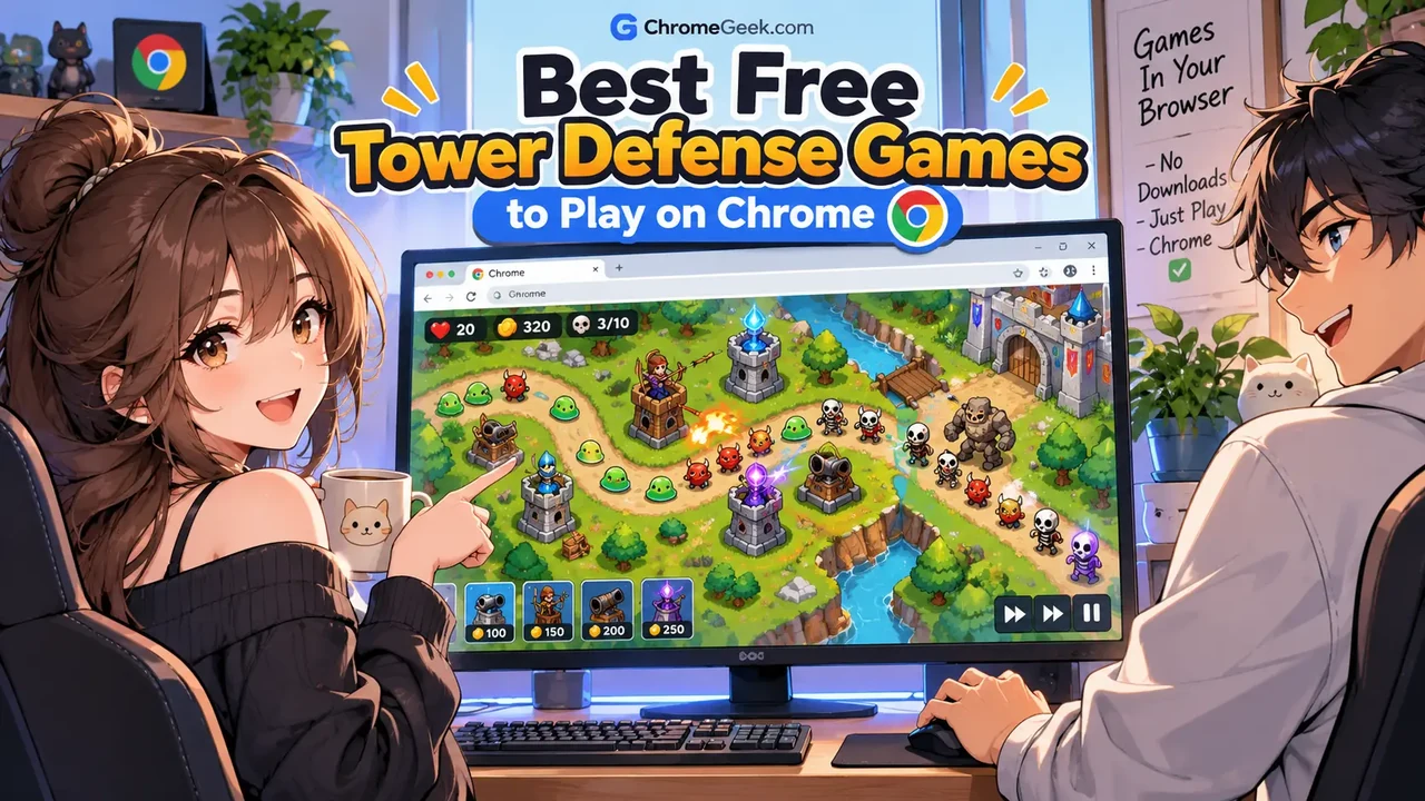Best Free Tower Defense Games to Play in Chrome - Editorial banner showing strategic towers and defensive fortifications in a web browser