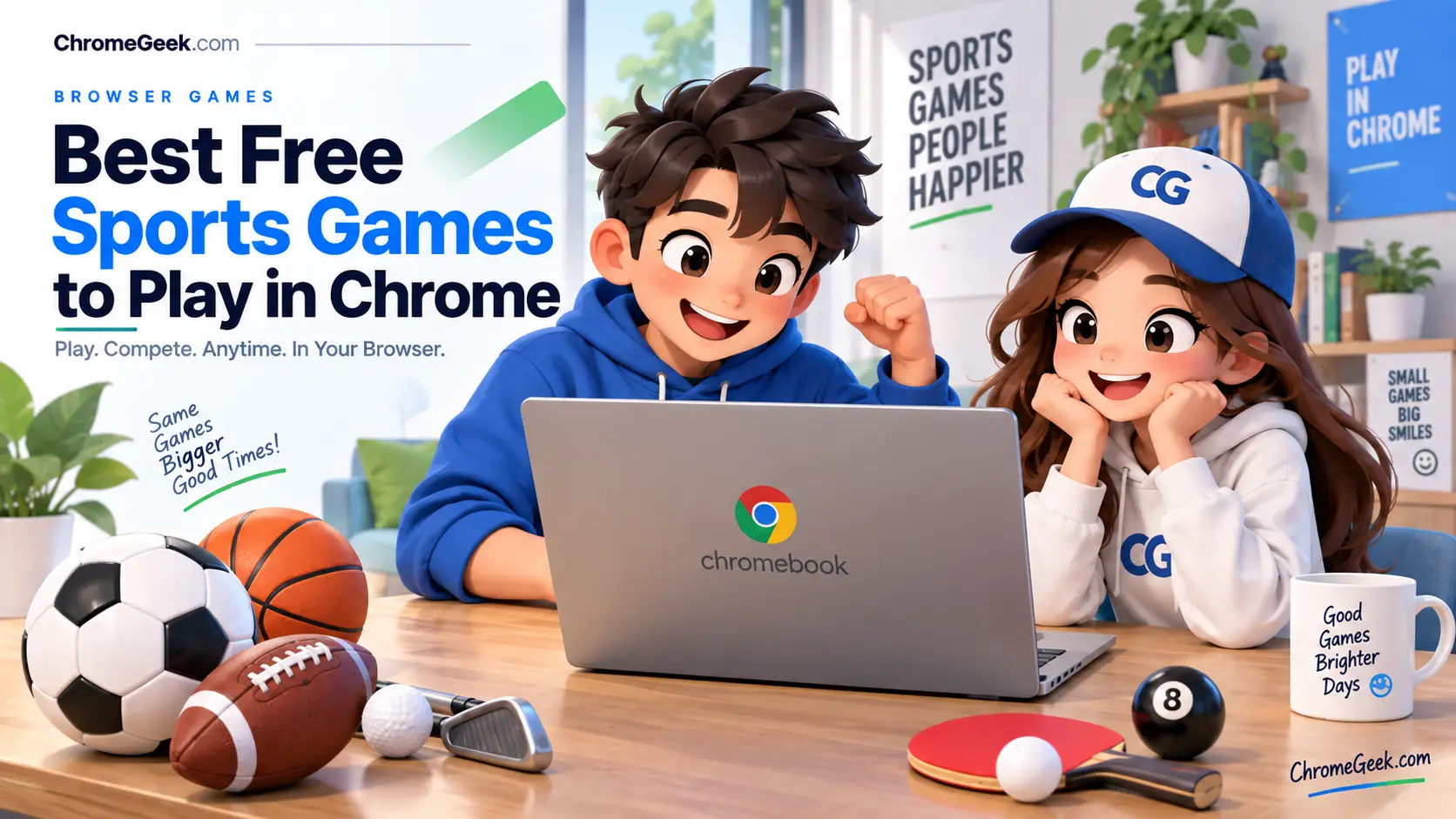 Best Free Sports Games to Play in Chrome - Editorial graphic banner showing chibi mascots playing browser sports games