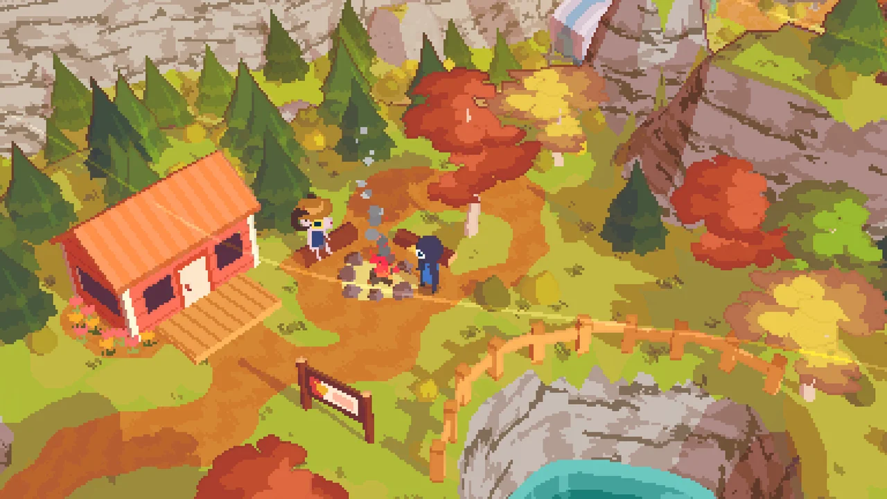 Pixel-art bird character Claire standing beside a campfire and cabin in an autumn provincial park