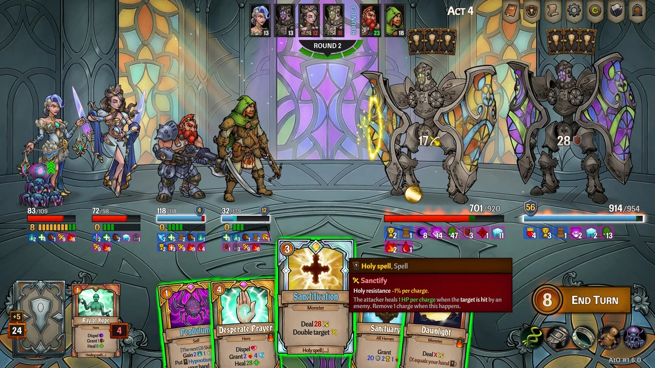 Gameplay screenshot of Across the Obelisk showing four heroes battling stained-glass gargoyles in a cathedral