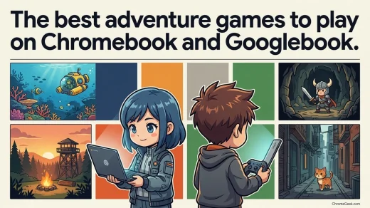 Editorial illustration of adventure games on Chromebook and Googlebook with exploration panels and players holding controllers