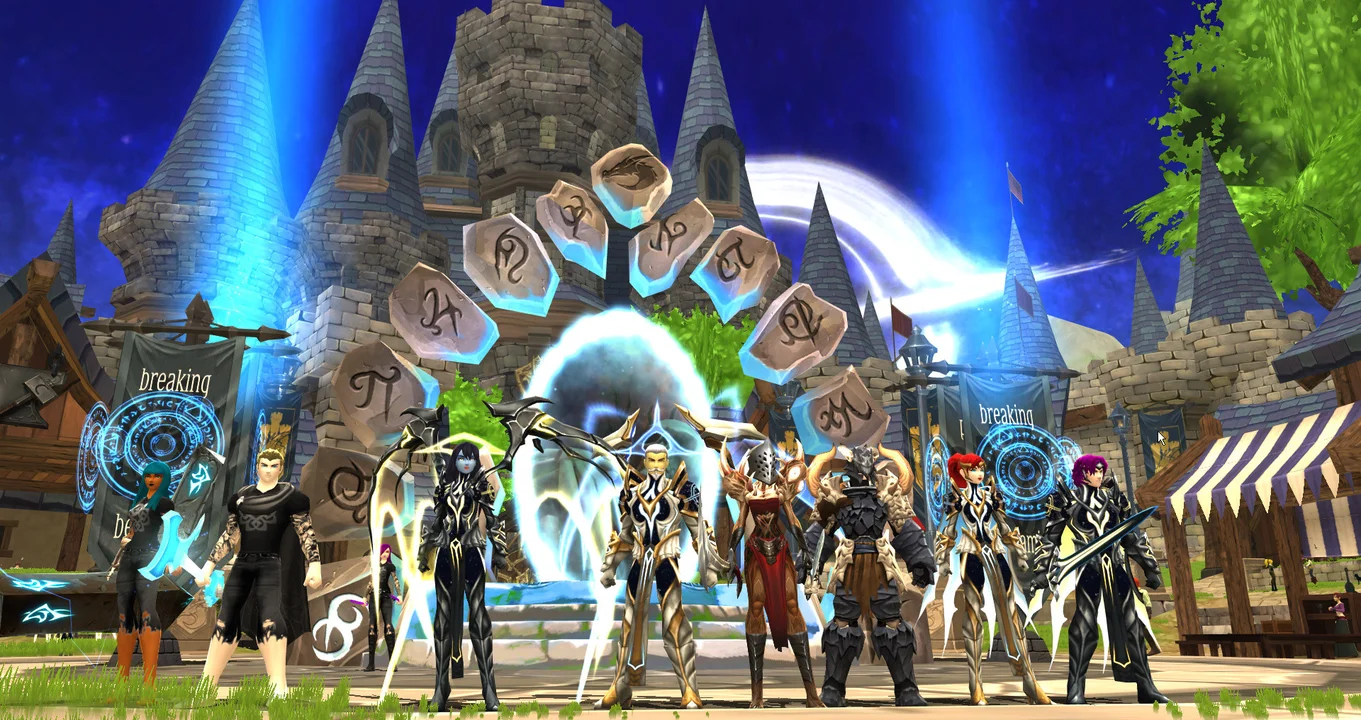 AdventureQuest 3D heroes teaming up outside the town of Battleon to take down dungeon monsters