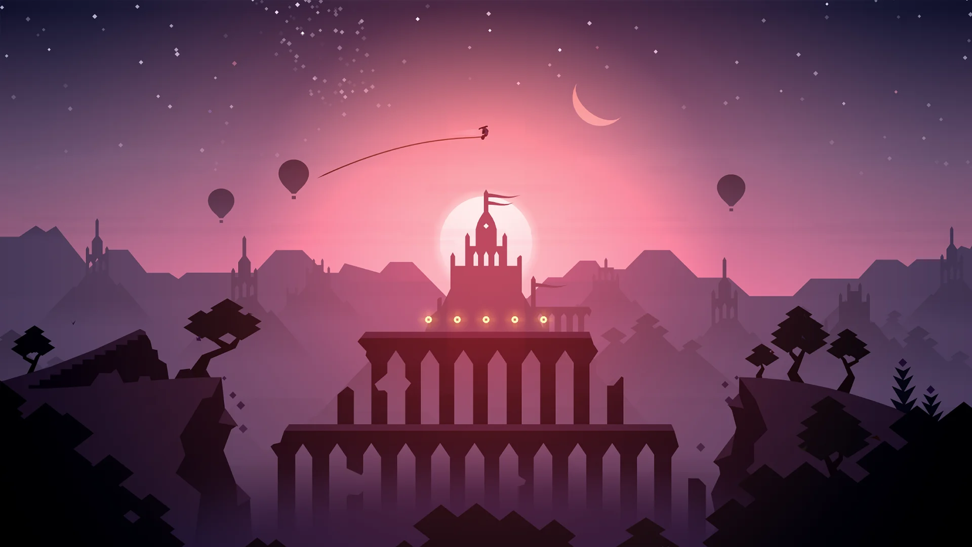 Alto's Odyssey gameplay showing a sandboarder gliding down sweeping desert dunes past hot air balloons at sunset