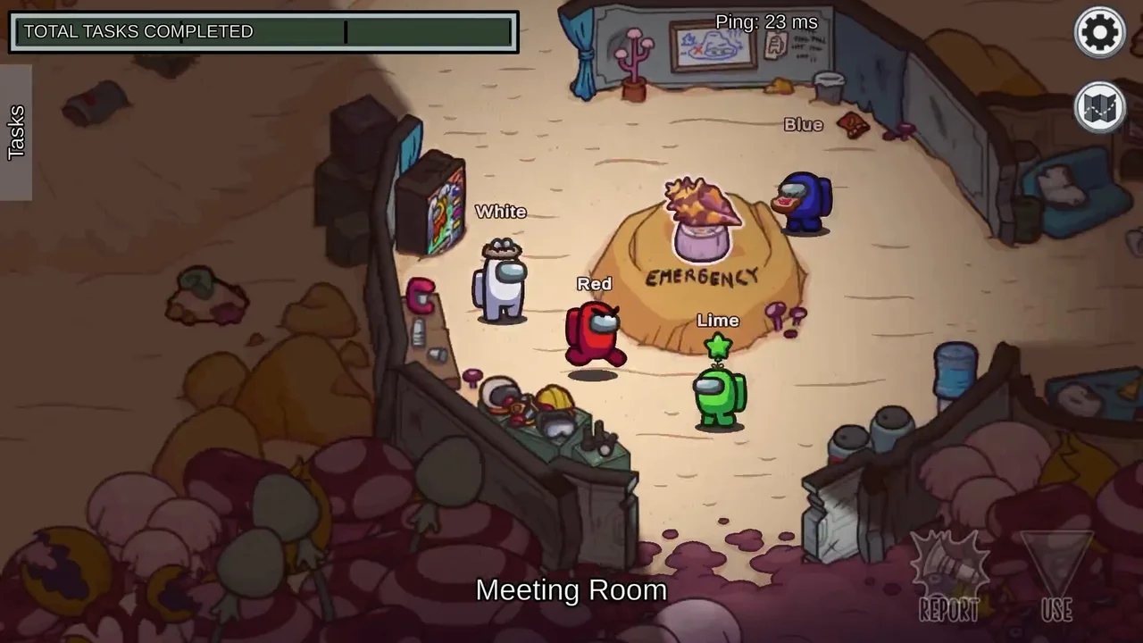 Among Us cafeteria view showing four colored crewmates standing near the emergency meeting button with task interface