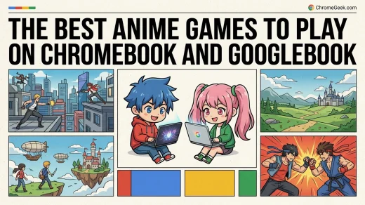 Editorial illustration of anime games on Chromebook showing chibi gaming mascots and stylized anime action scenes