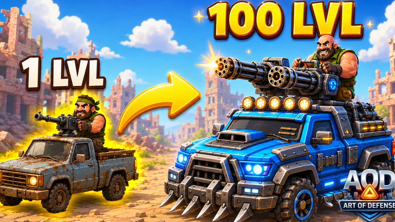 AOD - Art Of Defense post-apocalyptic combat arena with armored tanks, siege turrets, and hero units