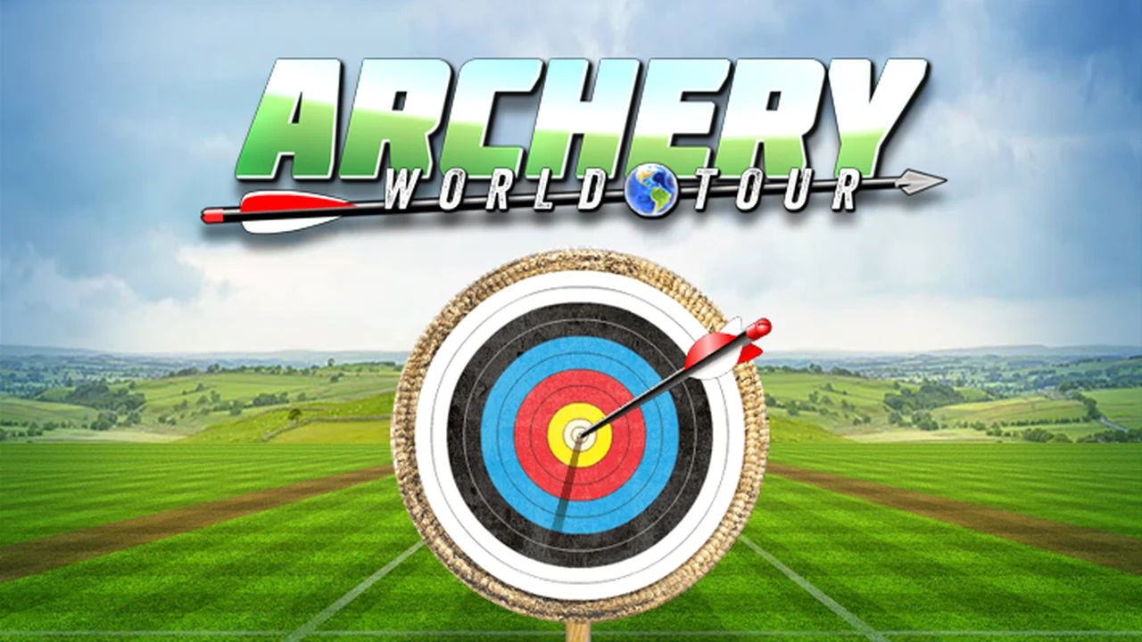 Archery World Tour target board view with crosshair aiming at the center bullseye