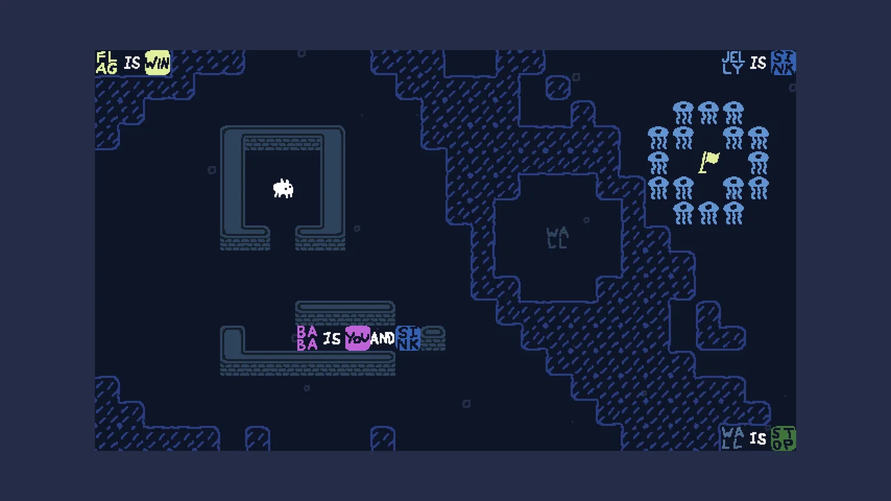 Baba Is You gameplay showing Baba in an enclosed stone chamber with movable rule blocks BABA IS YOU, FLAG IS WIN, and JELLY IS SINK
