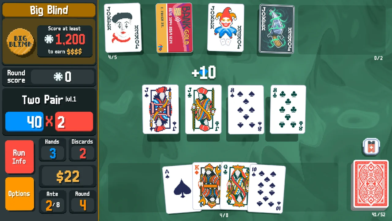 Gameplay screenshot of Balatro showing a retro CRT poker table with played Two Pair hand, Joker cards, and Big Blind chip goal