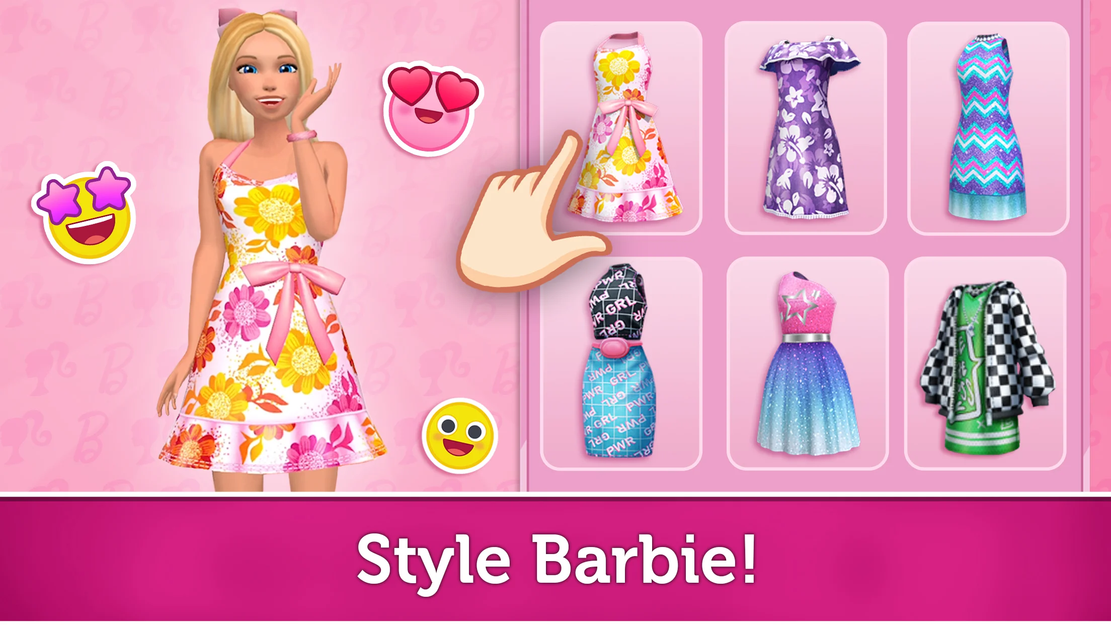 Barbie smiling in a floral sundress alongside an interactive closet rack showing six patterned dress options to try on