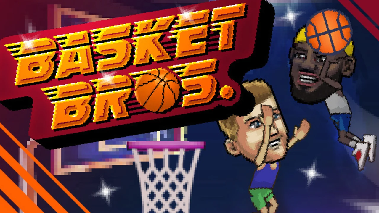 BasketBros cartoon basketball court with player performing a slam dunk at the rim