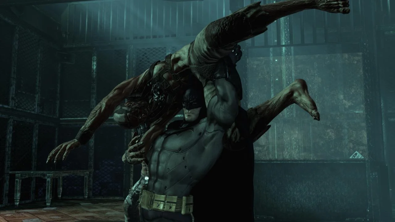 Batman surveying the gothic asylum interior corridor in predator stealth mode