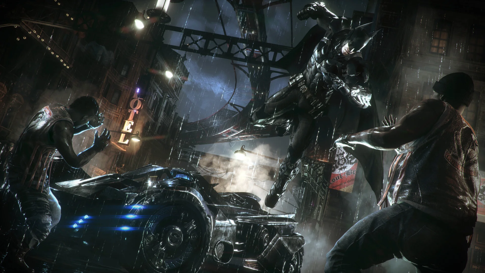 Armored Batmobile in battle mode engaging drone tanks on rainy Gotham streets