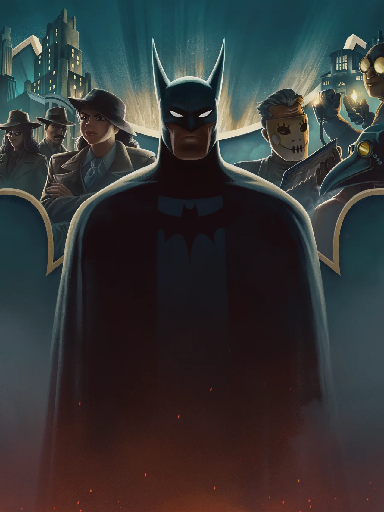 Official Batman: Caped Crusader - Chronicles artwork showing 1940s noir Gotham City detective investigation alongside Batman and Renee Montoya