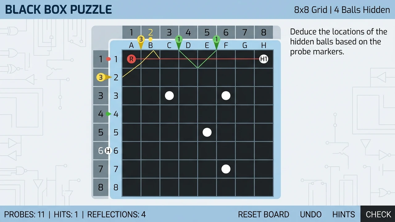 Simon Tatham Black Box deduction grid with laser ray reflections