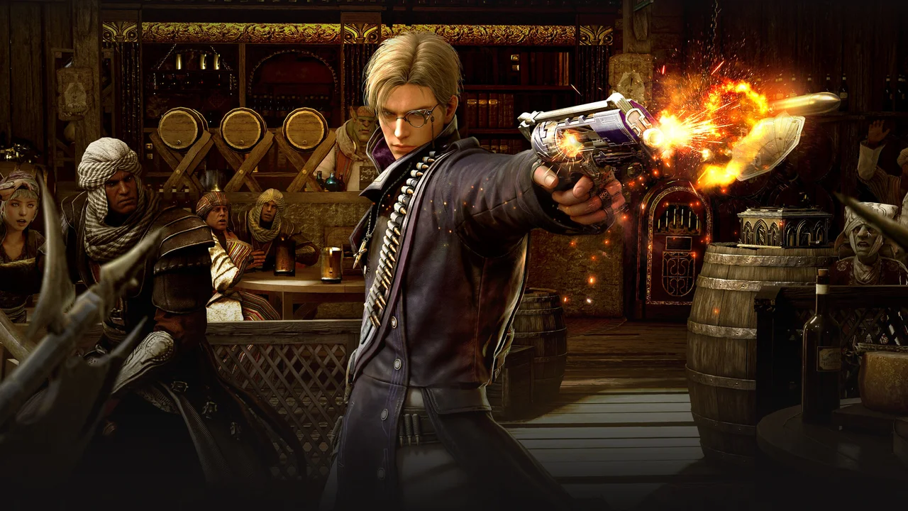 Black Desert Online character executing a high-impact combat ability with sweeping particle effects against desert monsters