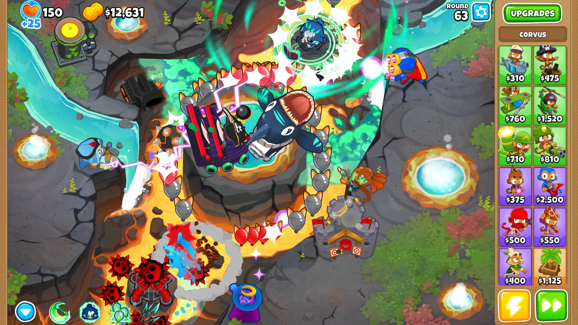 Bloons TD 6 gameplay showing vibrant monkey towers defending a winding jungle path against waves of colorful bloons