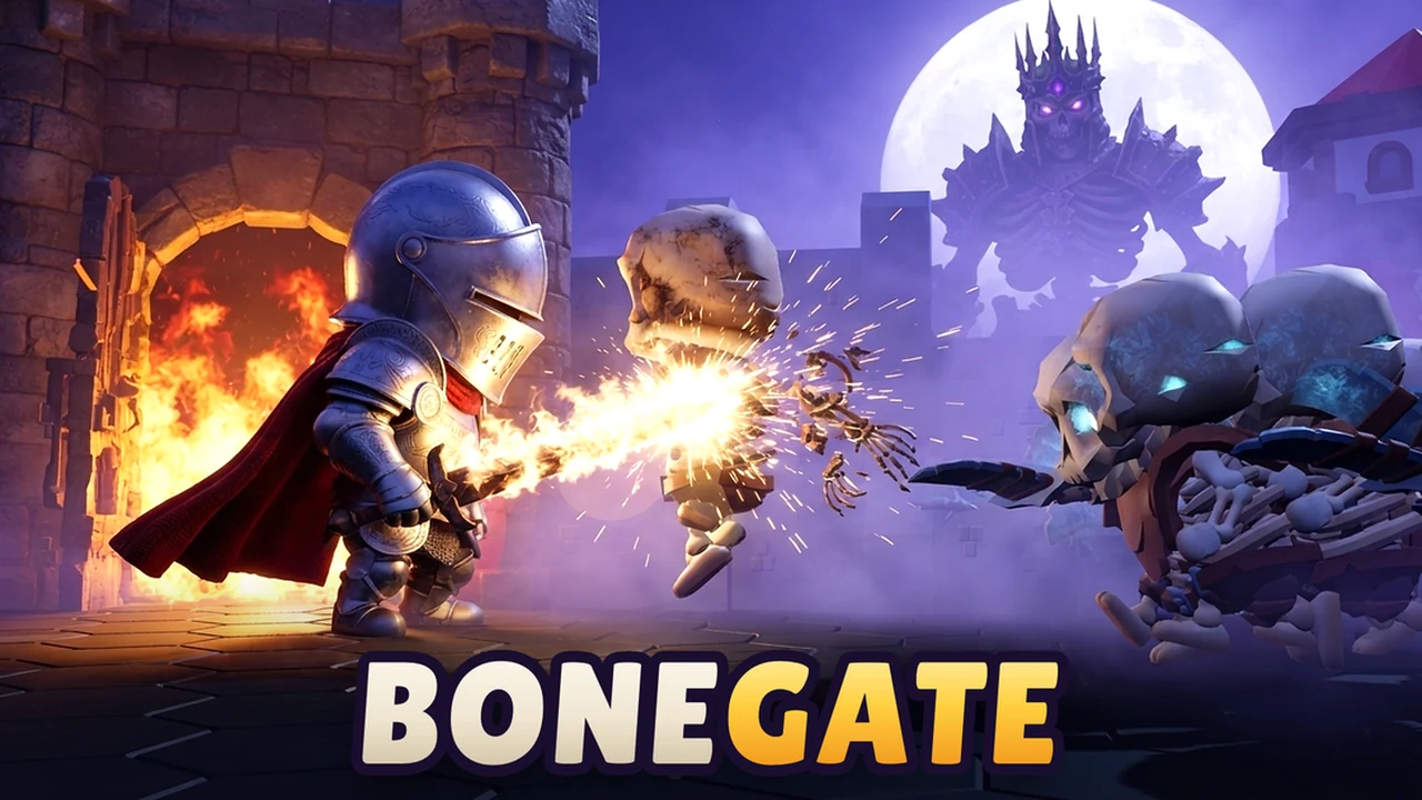 BONEGATE hero-based cooperative castle defense showing hero combating skeleton waves at fortified gates