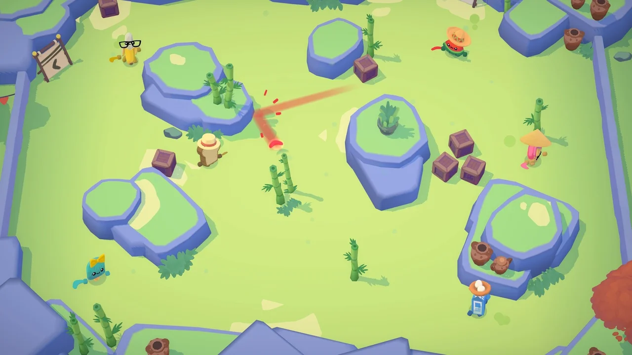 Boomerang Fu top-down arena showing adorable food characters battling with boomerang trajectories and slicing effects