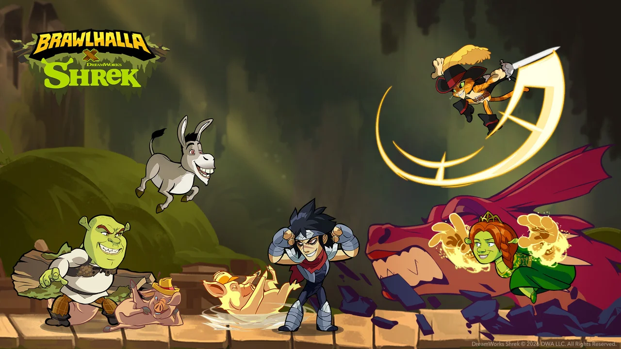 Bödvar and Orion battling across floating platform arenas with weapon drops in Brawlhalla