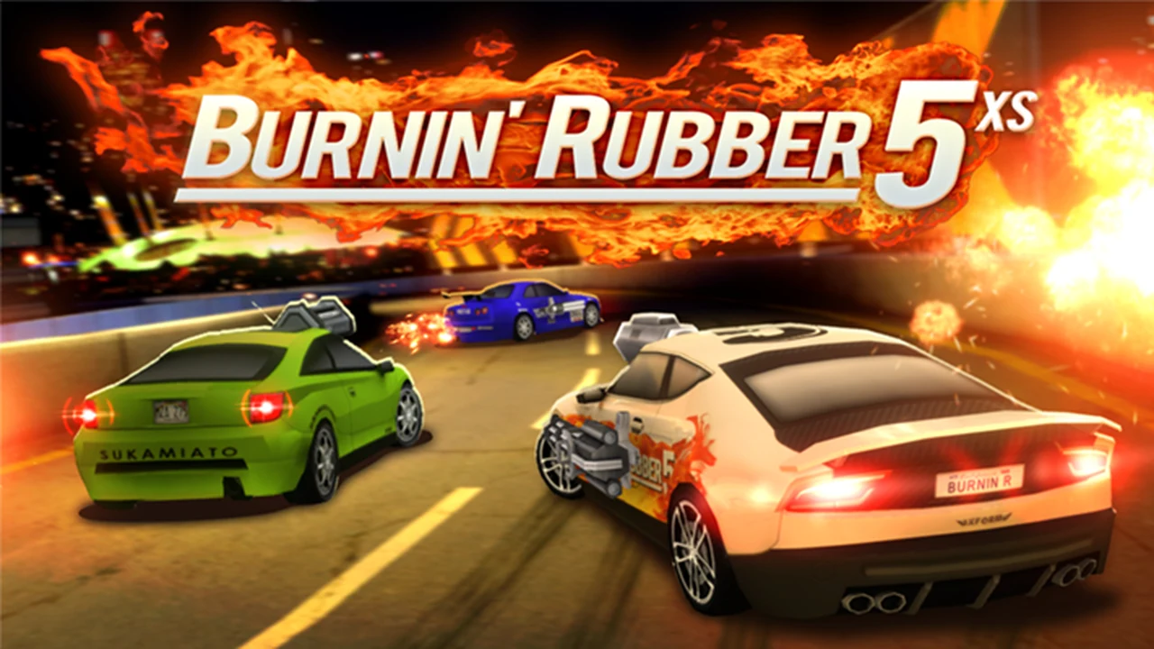 Burnin Rubber 5 XS armed race car firing roof-mounted machine guns at rival racers