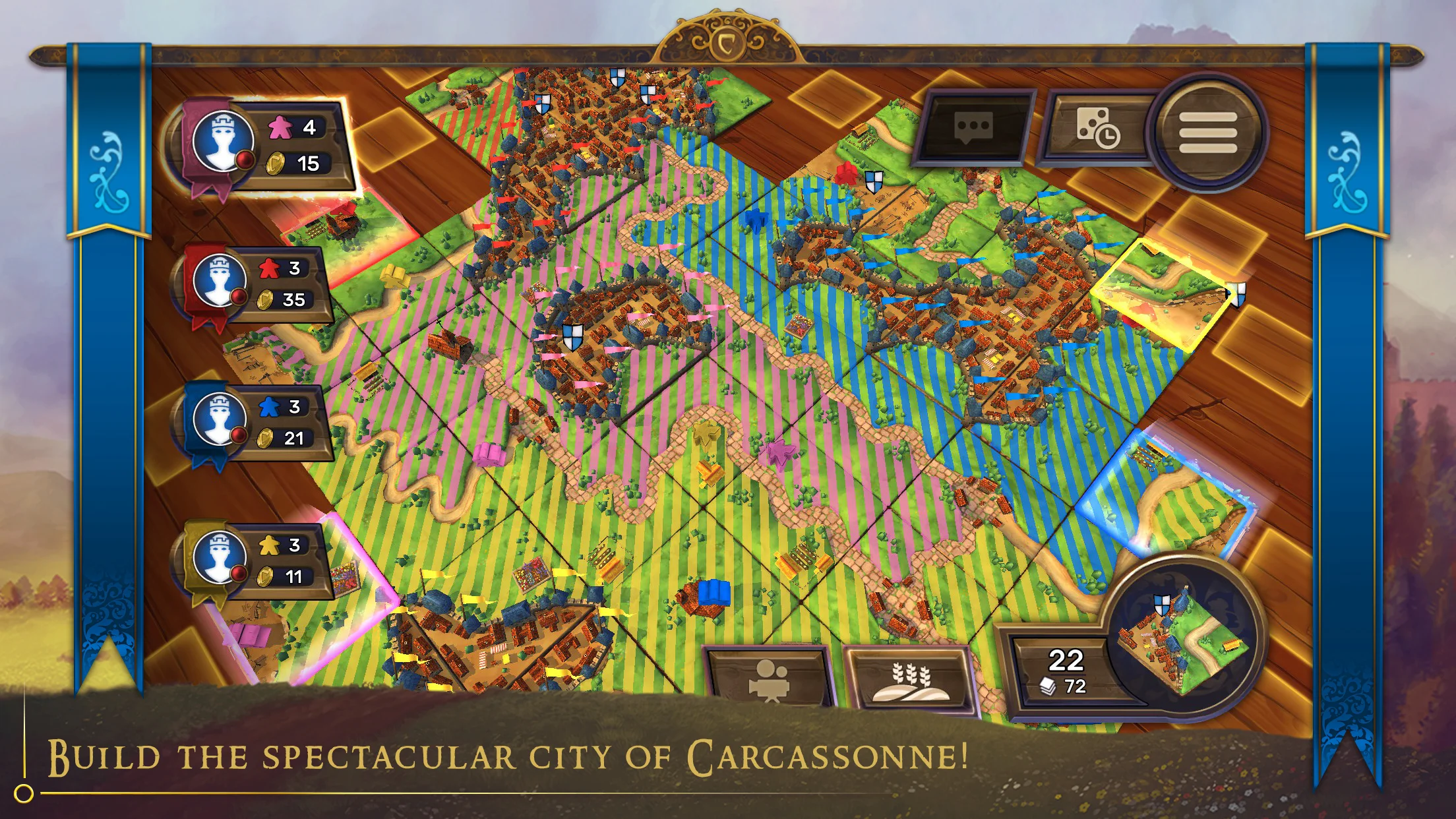 Gameplay screenshot of Carcassonne: Tiles & Tactics displaying interlocking landscape tiles, city walls, and meeple scoring positions
