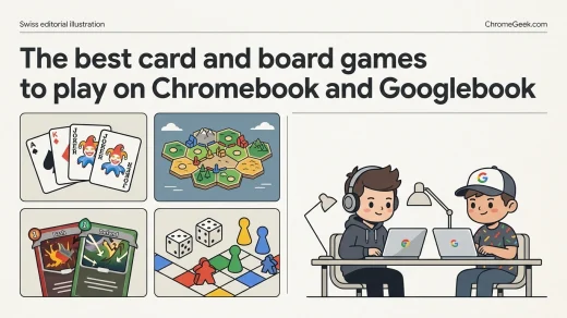 Editorial illustration of card and board games on Chromebook and Googlebook with players, cards, and game pieces