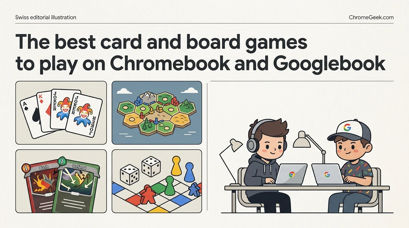 Editorial illustration of card and board games on Chromebook and Googlebook with players, cards, and game pieces