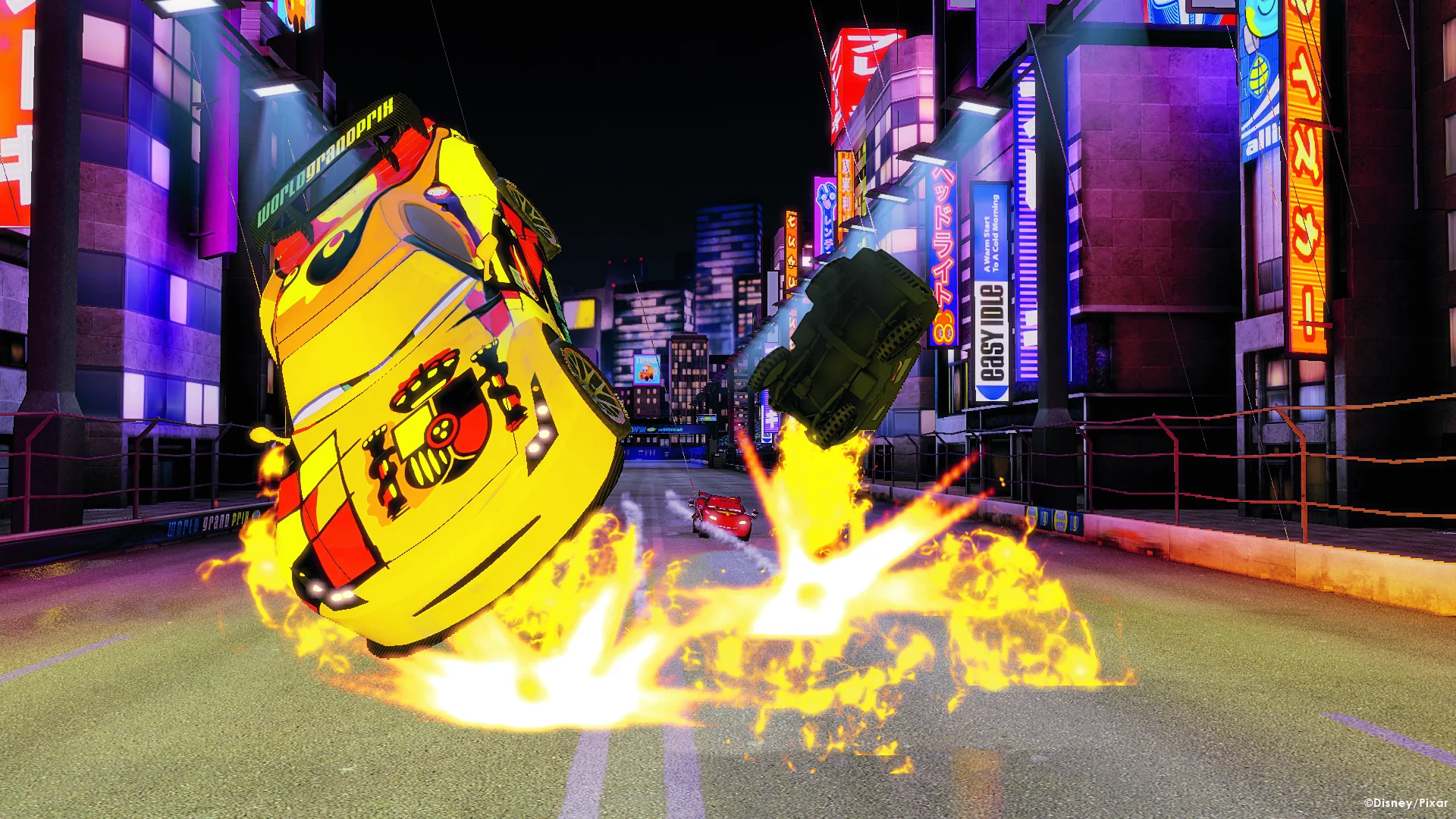 Lightning McQueen and rival spy cars drifting around a high-speed racing circuit in Cars 2